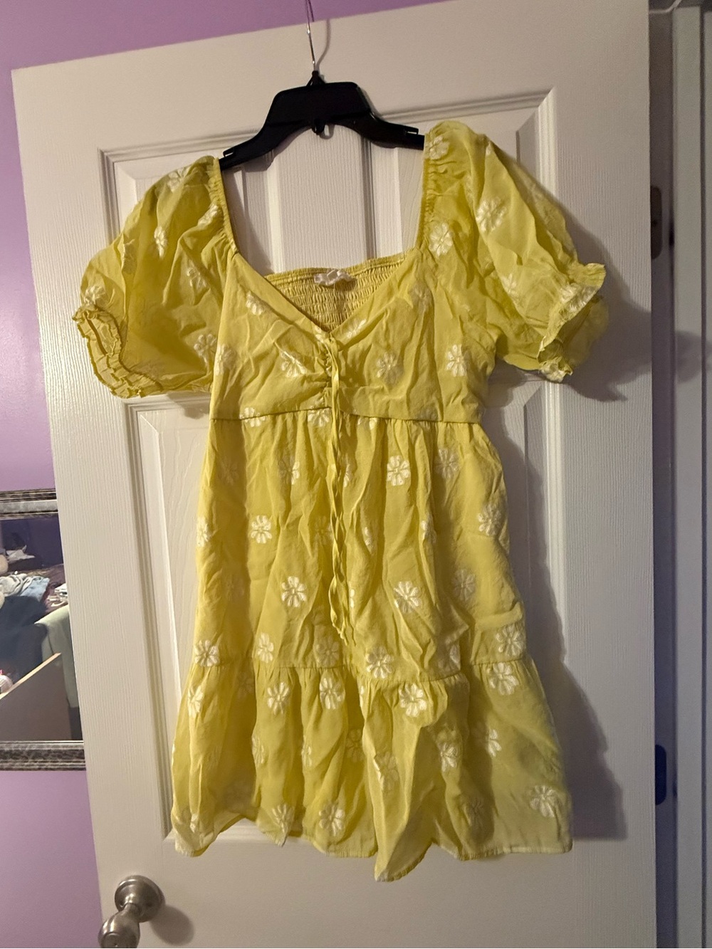 Sunlit Yellow Embroidered Puff-Sleeve Mini Dress